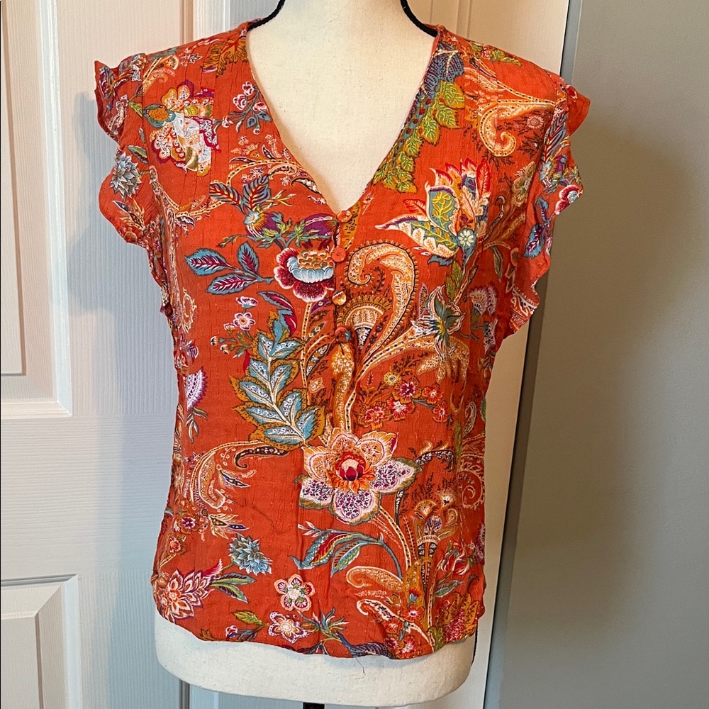 Nicole Miller Floral V-Neck Ruffled Sleeve Womens Top - XS